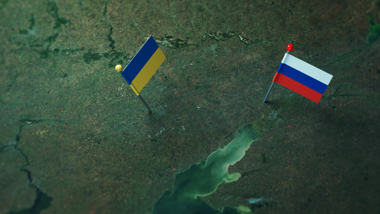 Russia and Ukrainian flags on the Russian and Ukraine border map.