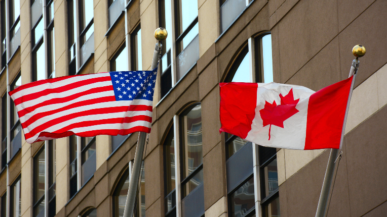 Canadian and American Flags, Commercial district.